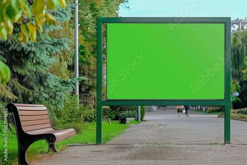 vertical blank green screen billboard mock up at a park bench