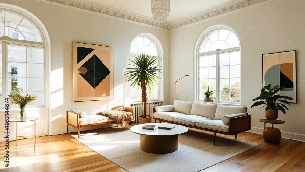 Elegant minimalist living room, mid-century modern sofa, abstract geometric artwork, large arched windows, natural light, hardwood floors, potted palm plant, round coffee table, bright white walls, hi Elegant minimalist living room, mid-century modern sofa, abstract geometric artwork, large arched windows, natural light, hardwood floors, potted palm plant, round coffee table, bright white walls, hi
