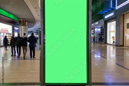 vertical blank green screen billboard mock up at a shopping mall entrance