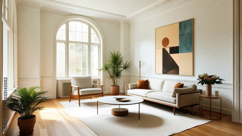Fototapeta premium Elegant minimalist living room, mid-century modern sofa, abstract geometric artwork, large arched windows, natural light, hardwood floors, potted palm plant, round coffee table, bright white walls, hi