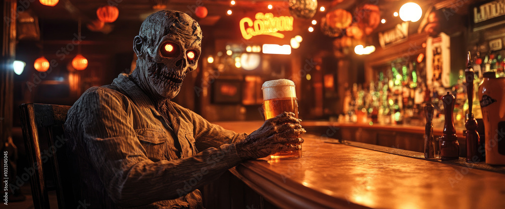 a zombie sitting at a bar, holding a beer in its hand. Halloween decorations surround the scene, which takes place at night. a zombie sitting at a bar, holding a beer in its hand. Halloween decorations surround the scene, which takes place at night.