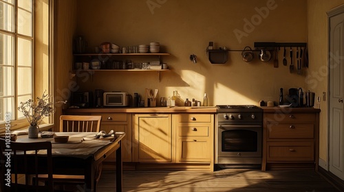 Wallpaper Mural A kitchen with a wooden table and chairs, a stainless steel oven, and wooden cabinets, with sunlight streaming in through the window. Torontodigital.ca
