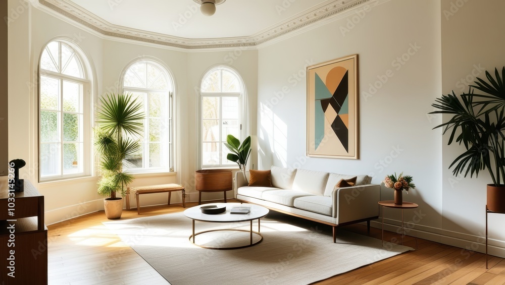 Fototapeta premium Elegant minimalist living room, mid-century modern sofa, abstract geometric artwork, large arched windows, natural light, hardwood floors, potted palm plant, round coffee table, bright white walls, hi