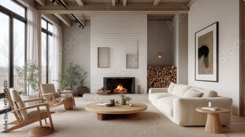 Cozy minimalist living room, white brick fireplace, neutral color palette, large windows, natural light, wooden accents, potted plant, round coffee table, textured rug, modern furniture, Scandinavian 