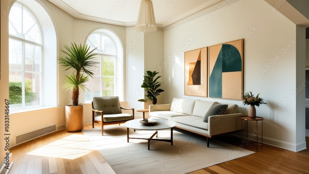Fototapeta premium Elegant minimalist living room, mid-century modern sofa, abstract geometric artwork, large arched windows, natural light, hardwood floors, potted palm plant, round coffee table, bright white walls, hi