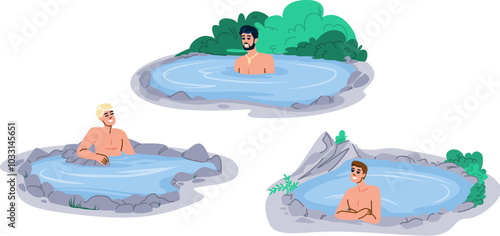 luxury hot spring man vector. lifestyle male, spa pool, water family luxury hot spring man character. people flat cartoon illustration