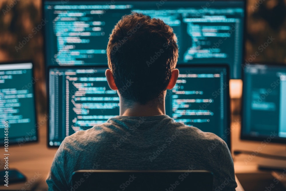 Lone Hacker in Dimly Lit Room Focused on Coding Lone Hacker in Dimly Lit Room Focused on Coding