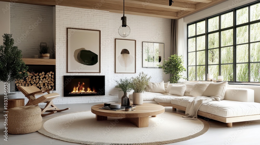 Fototapeta premium Cozy minimalist living room, white brick fireplace, neutral color palette, large windows, natural light, wooden accents, potted plant, round coffee table, textured rug, modern furniture, Scandinavian 