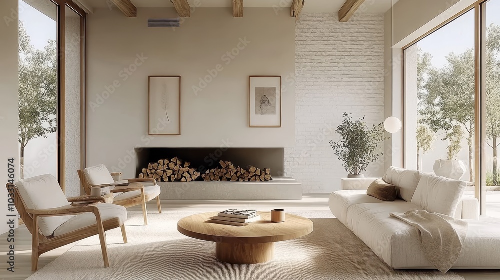 Fototapeta premium Cozy minimalist living room, white brick fireplace, neutral color palette, large windows, natural light, wooden accents, potted plant, round coffee table, textured rug, modern furniture, Scandinavian 