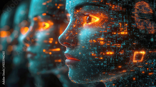 A futuristic depiction of human-like faces integrated with digital data patterns.