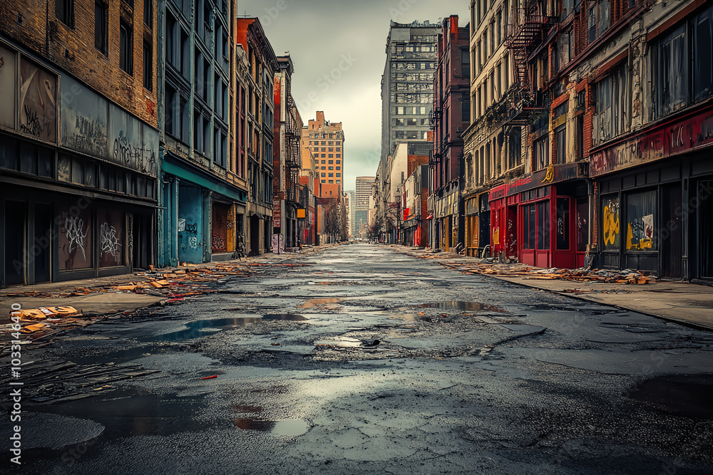 Fototapeta premium A viral pandemic emptying city streets, with closed businesses, deserted public spaces, and quarantine zones