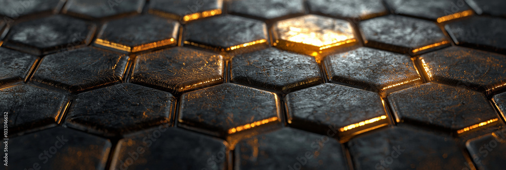 A close up of the texture of metal hexagons with golden highlights, generative AI A close up of the texture of metal hexagons with golden highlights, generative AI