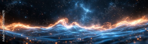 Wallpaper Mural A stunning digital representation of a cosmic seascape with vibrant blue waves and fiery orange highlights, evoking a mystical and otherworldly atmosphere. Torontodigital.ca