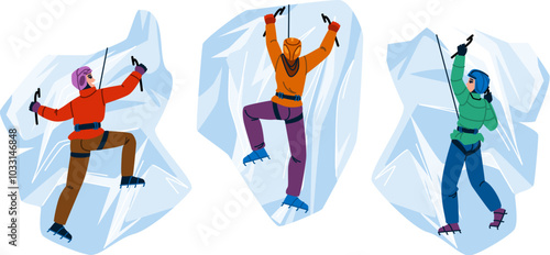 winter ice climbing vector. sport man, landscape top, travel nature winter ice climbing character. people flat cartoon illustration