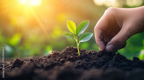 Wallpaper Mural A hand gently places soil around a small sapling growing in rich brown soil. The sun shines brightly in the background. Torontodigital.ca