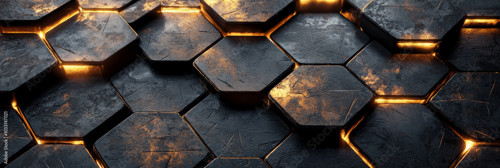 A close up of the texture of metal hexagons with golden highlights, generative AI
