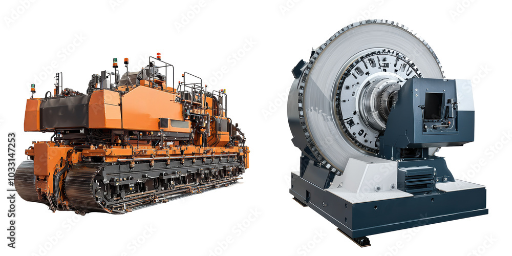 The image shows heavy machinery, featuring an orange tracked vehicle and a large, industrial turbine. The image shows heavy machinery, featuring an orange tracked vehicle and a large, industrial turbine.