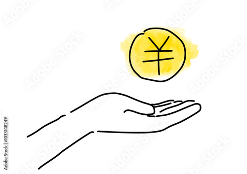 ￥コイン手のラフな手描きシンプル線画
