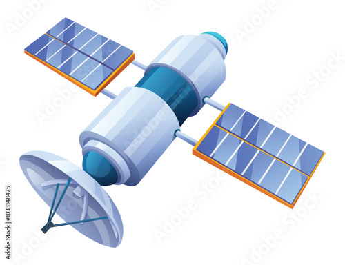 High tech satellite with solar panels for communication and space research. Vector cartoon illustration