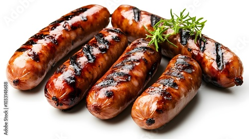 grilled sausages on white background.