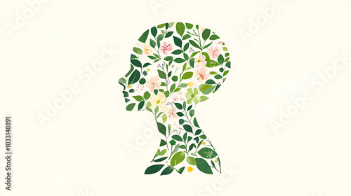 creative flat design featuring human figure silhouette filled with vibrant greenery and floral elements, symbolizing nature and growth