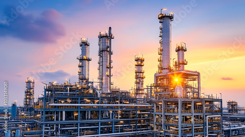 stunning sunset view of vast fuel refinery plant, showcasing towering structures and intricate piping against colorful sky. scene evokes sense of industrial beauty and energy