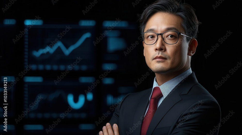 A confident businessman stands against digital graphs, showcasing analytics and strategy in a modern corporate setting. A confident businessman stands against digital graphs, showcasing analytics and strategy in a modern corporate setting.