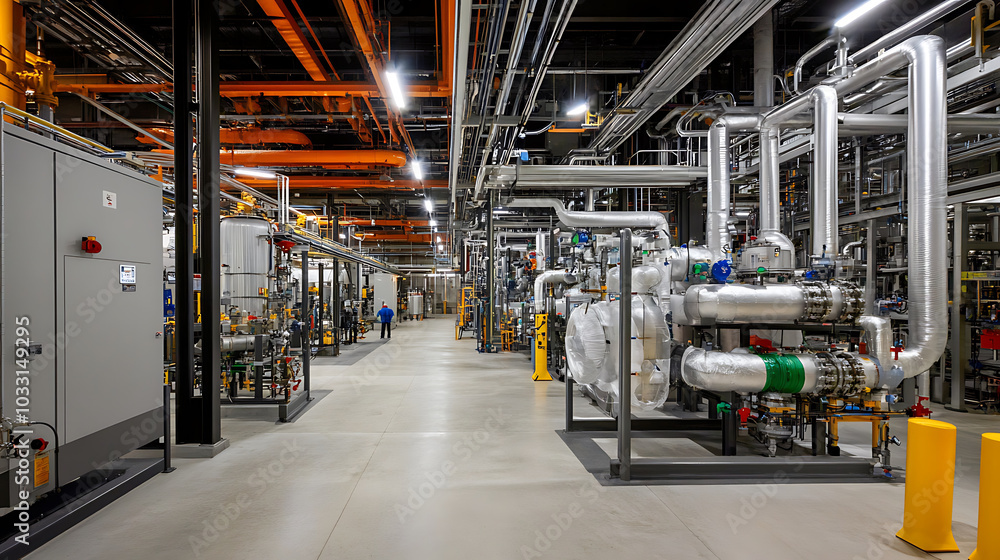 modern natural gas processing facility showcasing complex network of pipes and machinery. industrial environment is filled with advanced equipment, emphasizing efficiency and technology modern natural gas processing facility showcasing complex network of pipes and machinery. industrial environment is filled with advanced equipment, emphasizing efficiency and technology