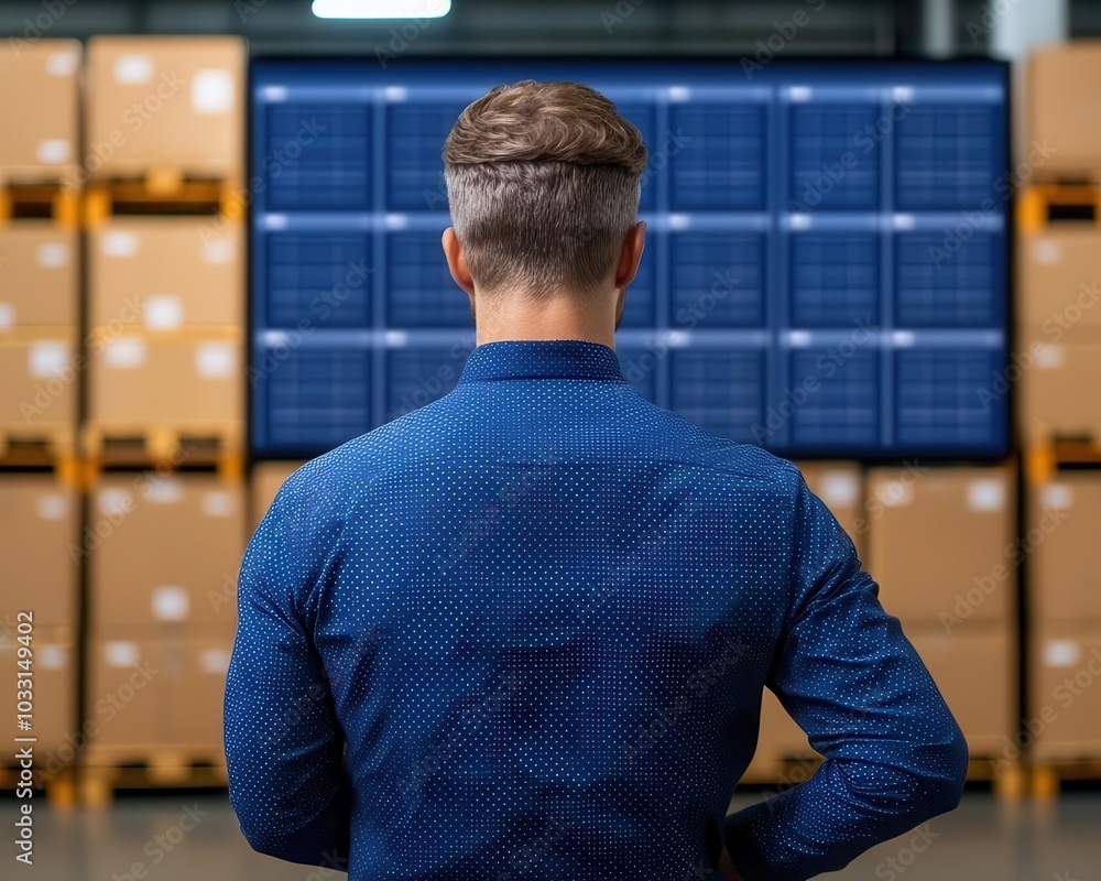 A man in a blue shirt stands at a warehouse, facing a wall of solar panels, with stacked boxes in the background. A man in a blue shirt stands at a warehouse, facing a wall of solar panels, with stacked boxes in the background.