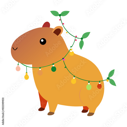 Capybara Christmas Cheer: Festive Capybara with Christmas lights garland, cute cartoon illustration for holiday cards and social media posts, perfect for Christmas and New Year decorations.