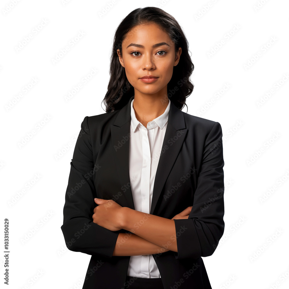 Portrait of a smiling young businesswoman in a suit, standing with arms crossed, isolated on transparent background Portrait of a smiling young businesswoman in a suit, standing with arms crossed, isolated on transparent background