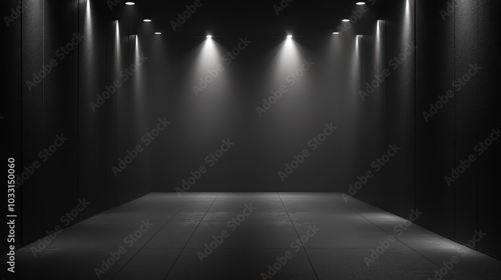 Empty dark room with glowing lines and spotlights on walls Empty dark room with glowing lines and spotlights on walls