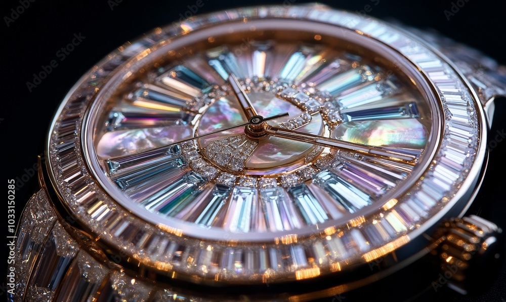 Obraz premium Diamond-encrusted gold watch face with mother-of-pearl.