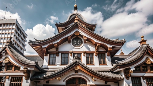 A traditional Japanese temple with intricate details and a curved roof against a bright blue sky.