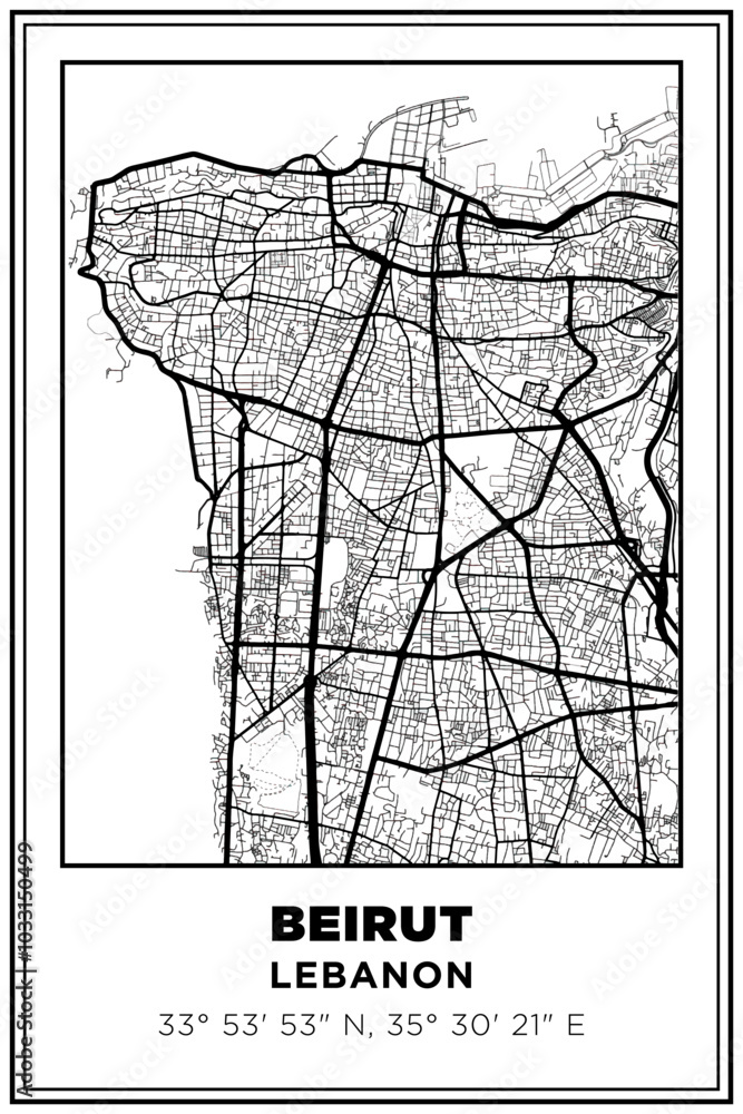 Obraz premium Black and white printable Street map art Beirut city, Lebanon. Travel poster with coordinates, poster design, Modern Poster Wall Art Home Decor Ready to Printable