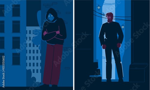 night man dark alley vector. silhouette black, street city, road white night man dark alley character. people flat cartoon illustration