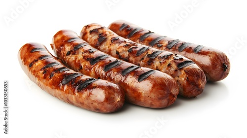 grilled sausages on white background.