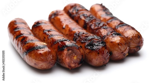 grilled sausages on white background.