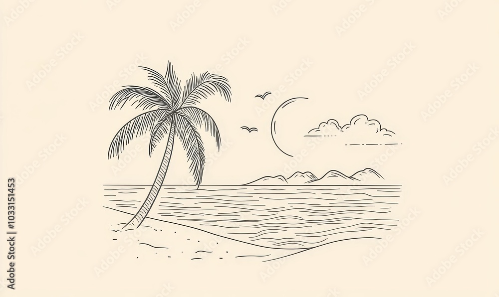 Fototapeta premium Hand drawn beach with palm tree.