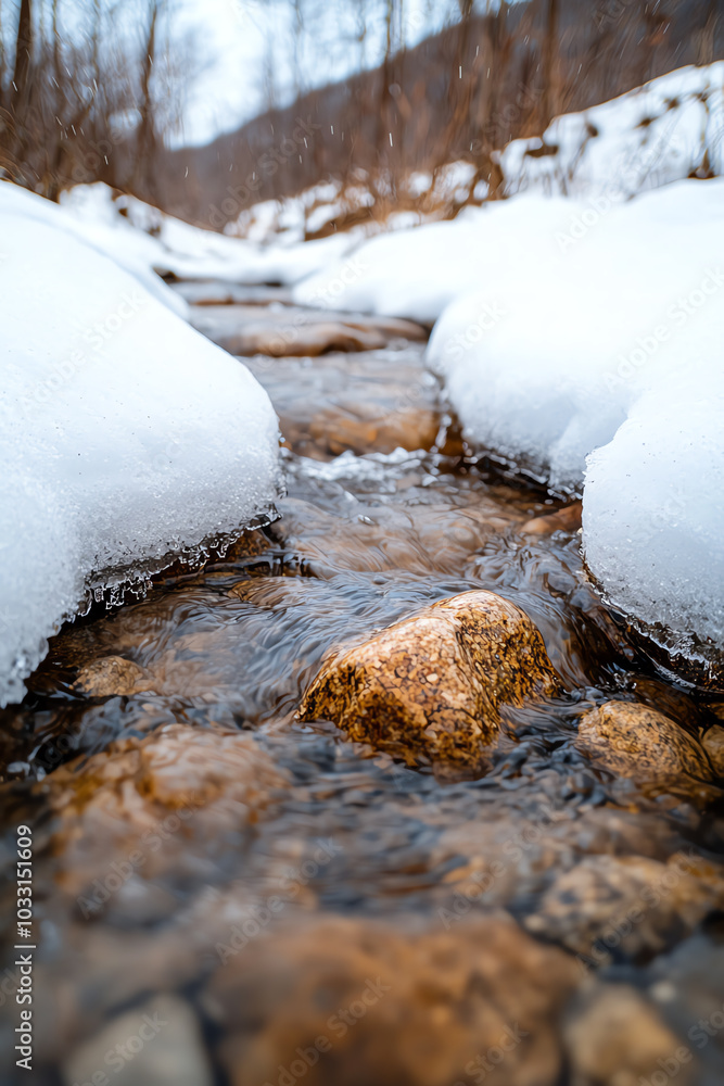 Stream flowing through snowy banks Stream flowing through snowy banks