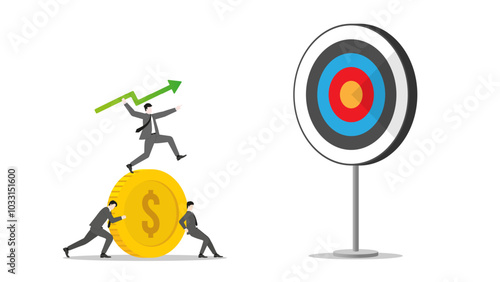 A businessman throws a green arrow like a javelin on dollar coin to a business goal. Teamwork of financial success, ambition to target, investment strategy, performance at work and career opportunity