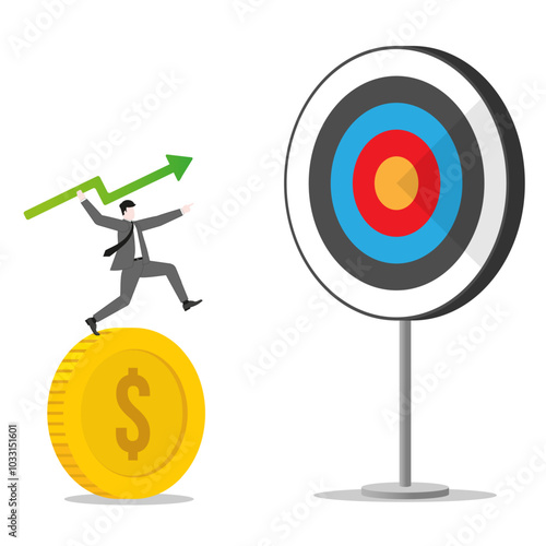 A businessman throws a green arrow like a javelin on dollar coin to a business goal. Concept of financial success, ambition to target, investment strategy, performance at work, and career opportunity