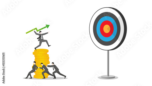 A businessman throws a green arrow like a javelin on coins stack to business goal. Teamwork of financial success, ambition to target, investment strategy, performance at work, and career opportunity