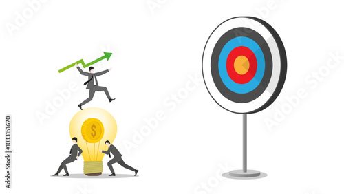 A businessman throws a green arrow like javelin on coin lightbulb to business goal. Teamwork of financial success, ambition to target, investment strategy, performance at work, and career opportunity