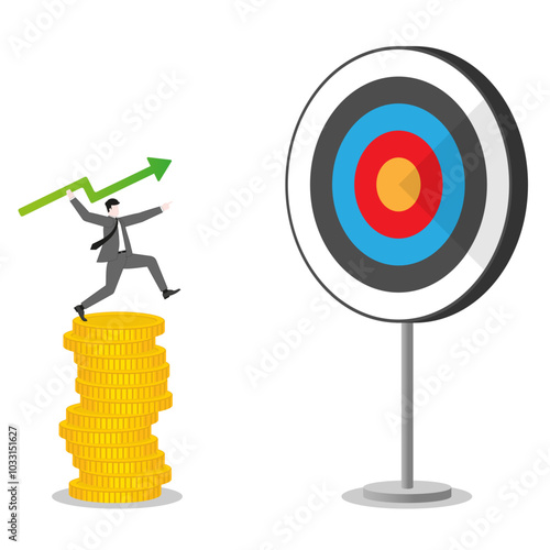 A businessman throws a green arrow like a javelin on coins stack to a business goal. Concept of financial success, ambition to target, investment strategy, performance at work, and career opportunity