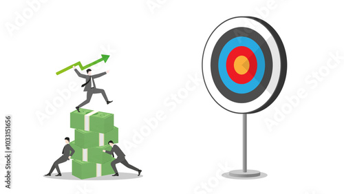 A businessman throws a green arrow like javelin on banknote stack to business goal. Teamwork of financial success, ambition to target, investment strategy, performance at work, and career opportunity