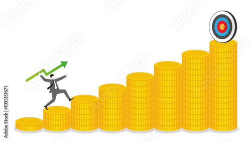 A businessman throws a green arrow like a javelin to a business goal on coins bar graph up. Financial success, ambition to target, investment strategy, performance at work, and career opportunity