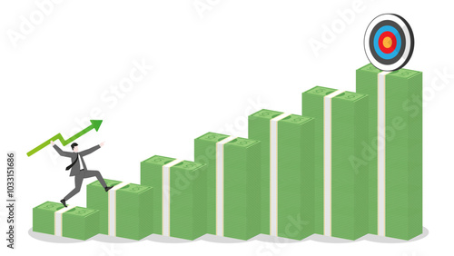 A businessman throws a green arrow like a javelin to a business goal on banknotes bar graph up. Financial success, ambition to target, investment strategy, performance at work, and career opportunity