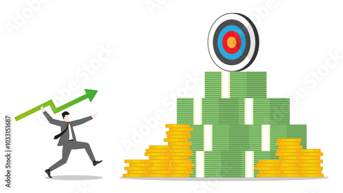 A businessman throws a green arrow like a javelinto a business goal  on money stack. Concept of financial success, ambition to target, investment strategy, performance at work, and career opportunity