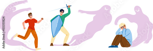 night man shadow fear vector. terror dread, unknown lurking, eerie paranoia night man shadow fear character. people flat cartoon illustration